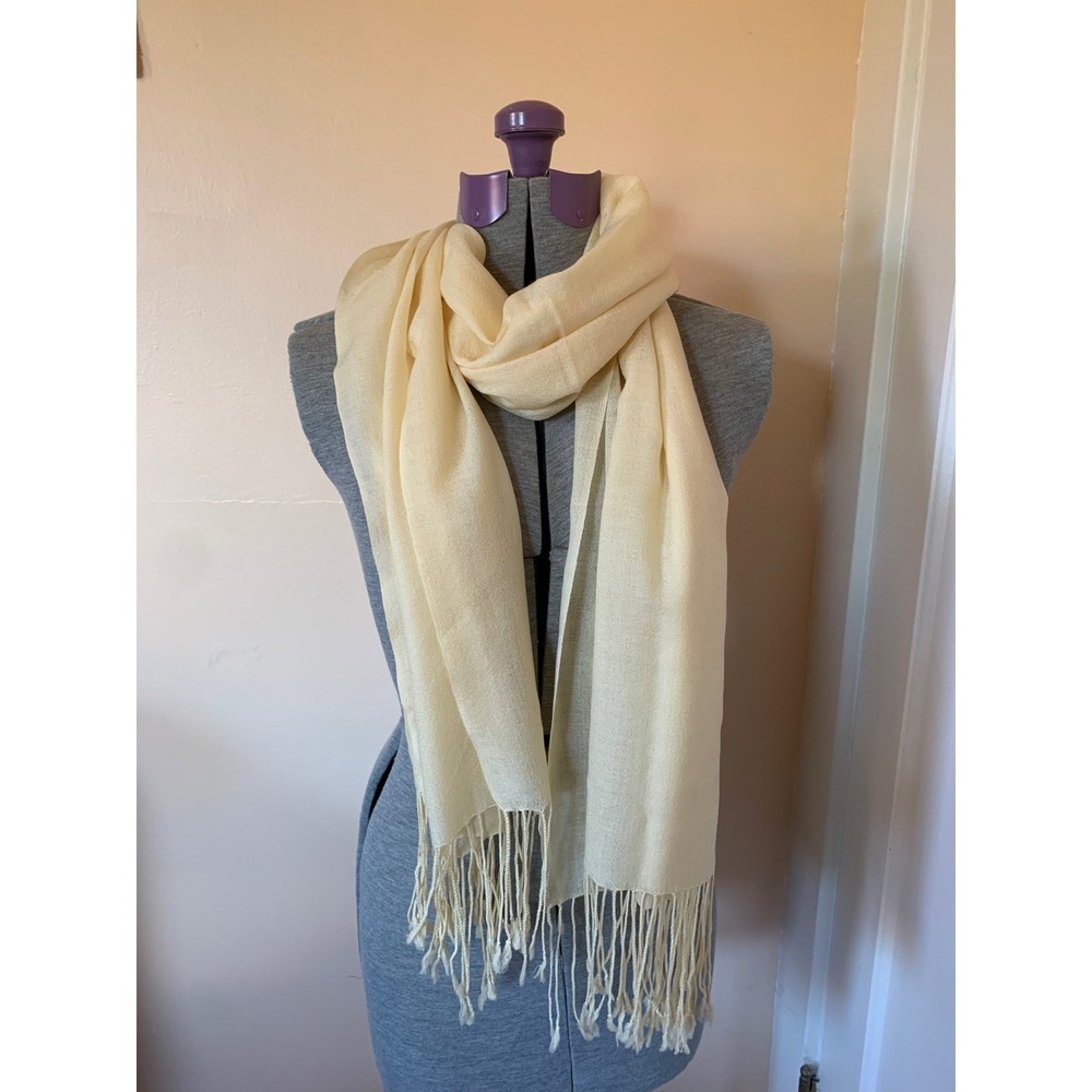 Cream Fringed Pashmina Style Scarf Wrap Shawl Solid Light Yellow